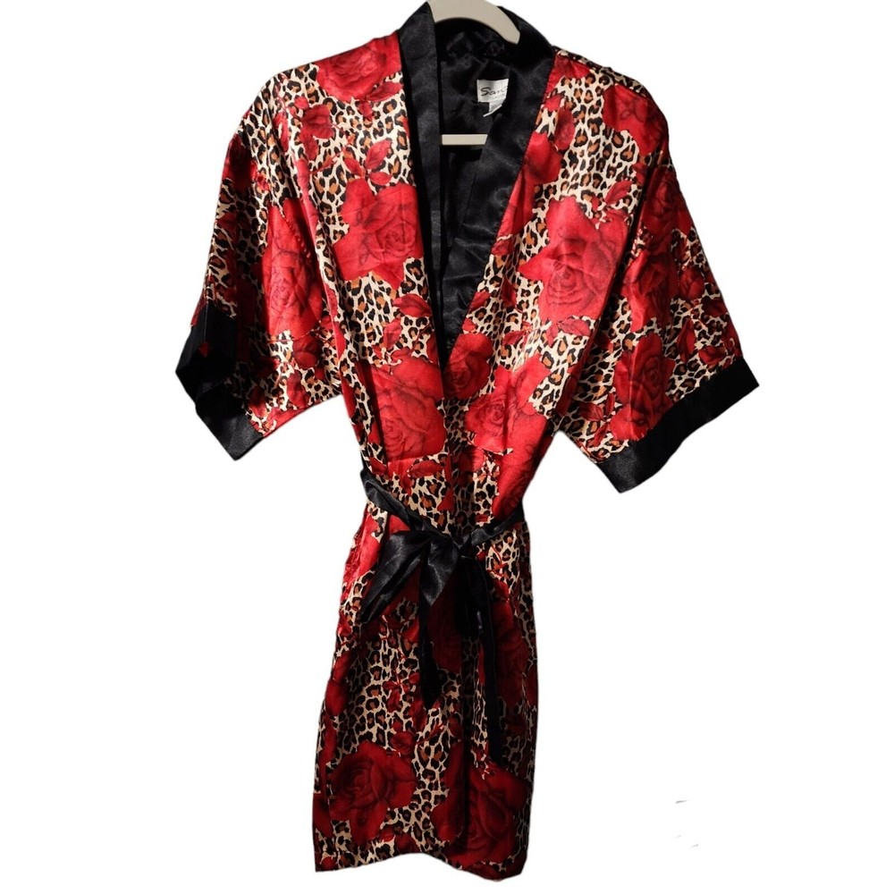 Sante Classics Tie Robe Red Floral Size Small Satin Womens
